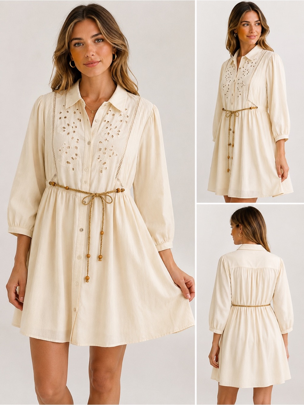 ZARA BABY DOLL EMPIRE WAIST SHIRT DRESS WITH MACRAMÉ BELT NEUTRAL SIZE XL NWT